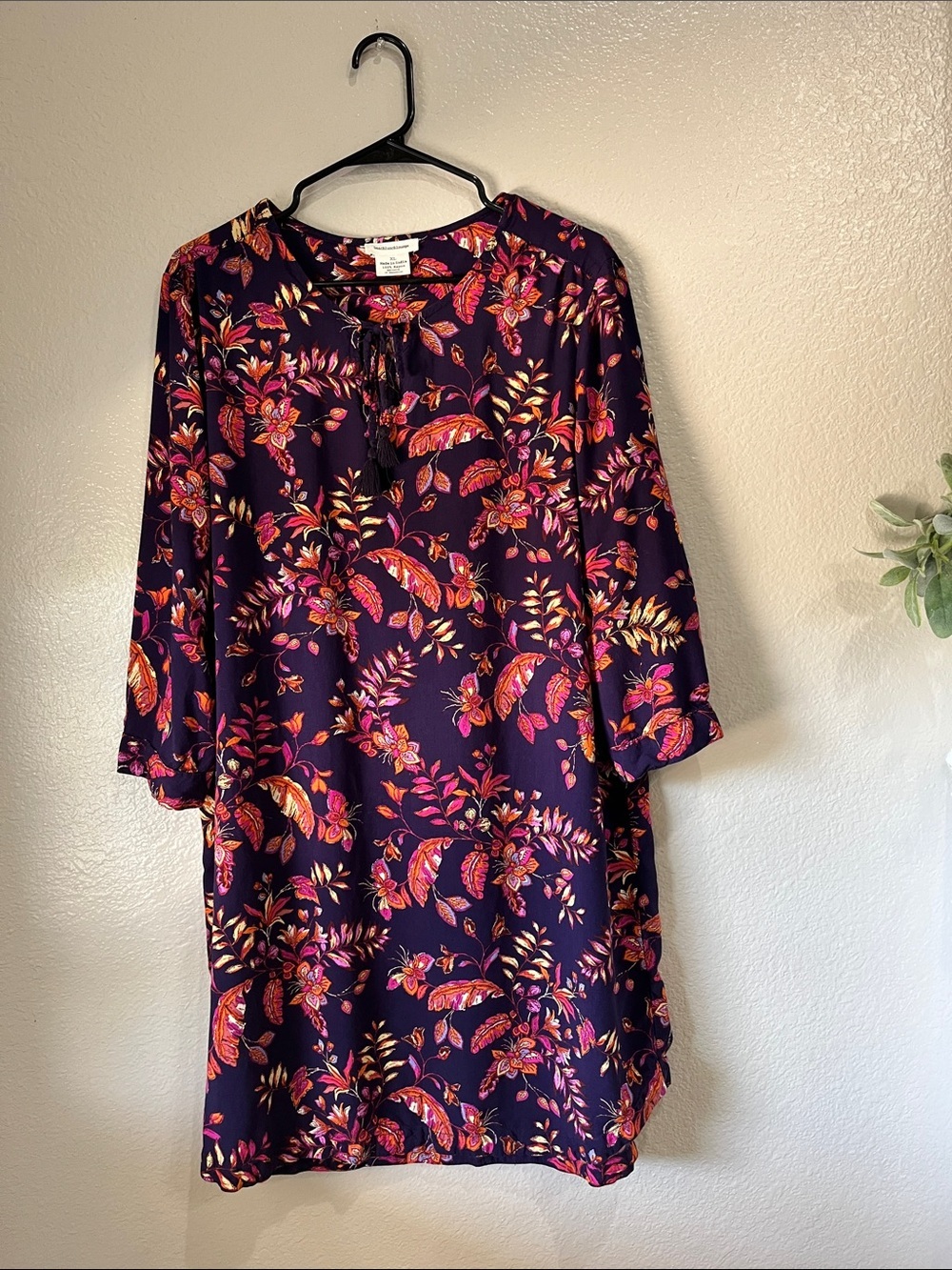 beachlunchlounge Dark Purple Floral Long Sleeve Shift Midi Dress Sz XL vacay